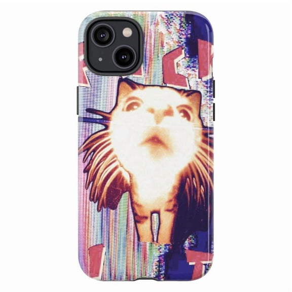 Funny Glitch Cat Phone Case, Retro Vaporwave Meme Cat Art Protective Cover for iPhone 17 16 15 14 13 12 11 Plus Pro Max Mini