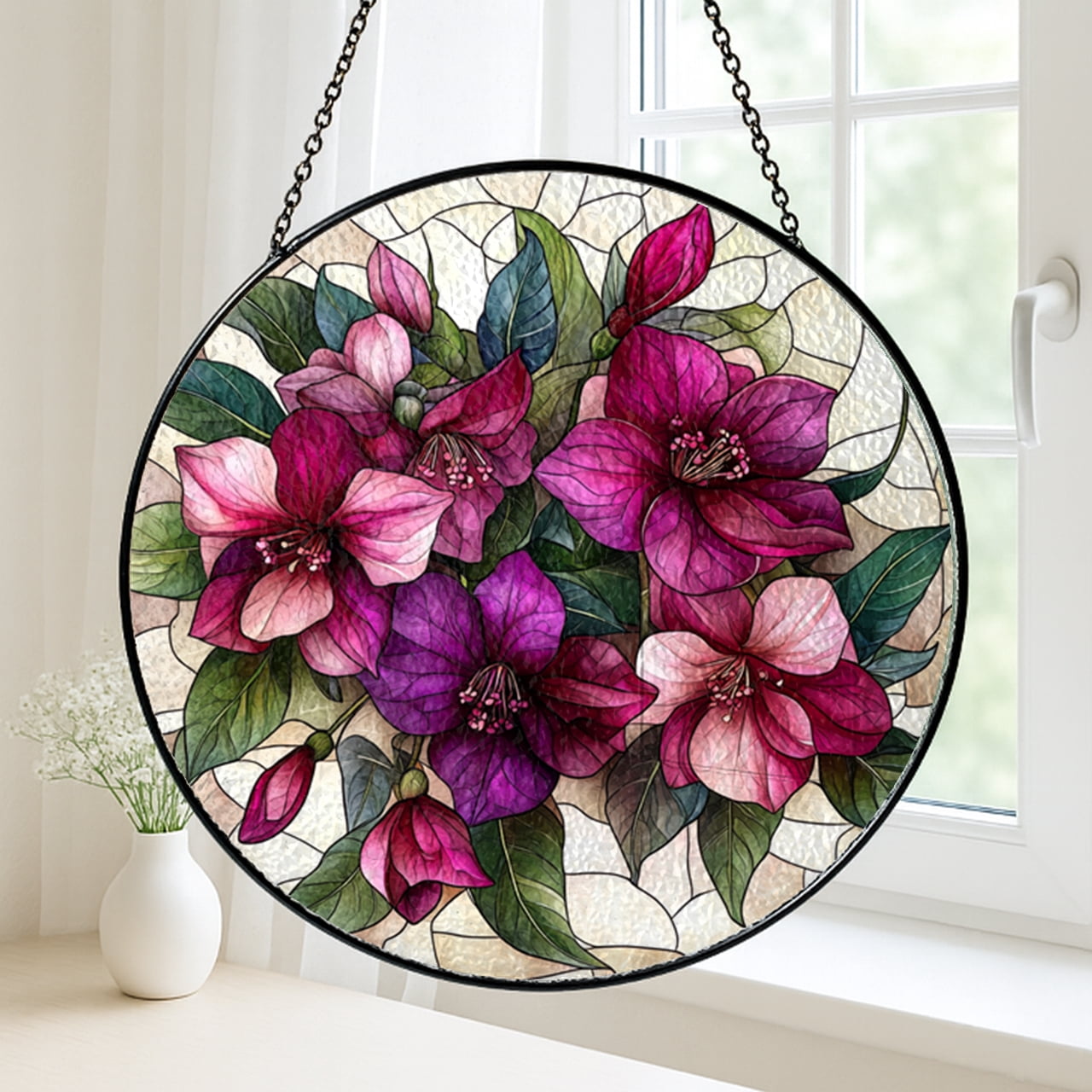Faux Stained Glass Fuchsia Panel, Exotic Flower Window Decoration