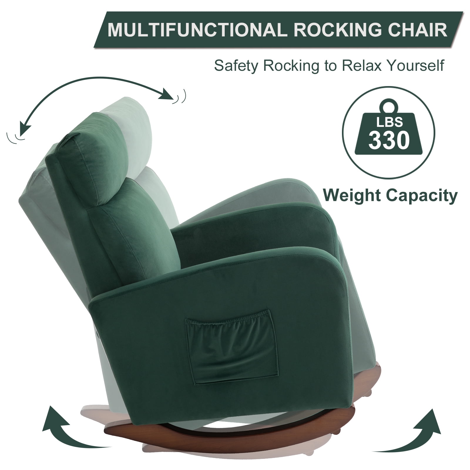 Homhum Mid-Century Nursery Rocking Chair, Upholstered Velvet High Back Arm Chair, Green