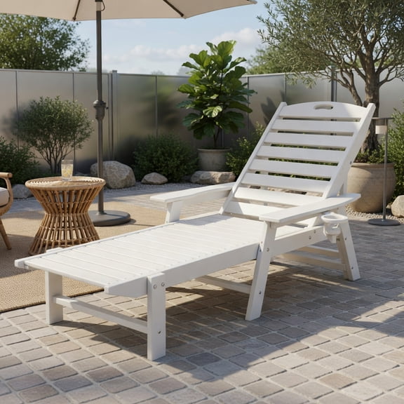 White HDPE Outdoor Chaise Lounge Chair with 4-Position Adjustable Backrest, Weather-Resistant Patio Lounger for Poolside, Backyard & Porch