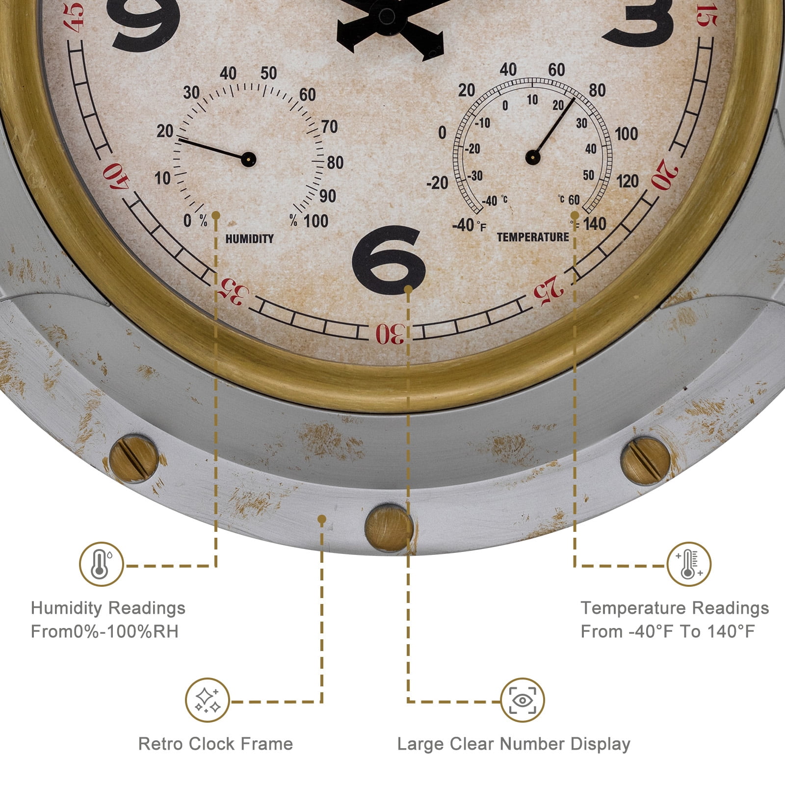 18 Inch Large Outdoor Clock Waterproof, Oversized Silent Wall Clock with Thermometer& Hygrometer,Battery Operated Clock for Garden Pool Patio Living Room Office Decorative