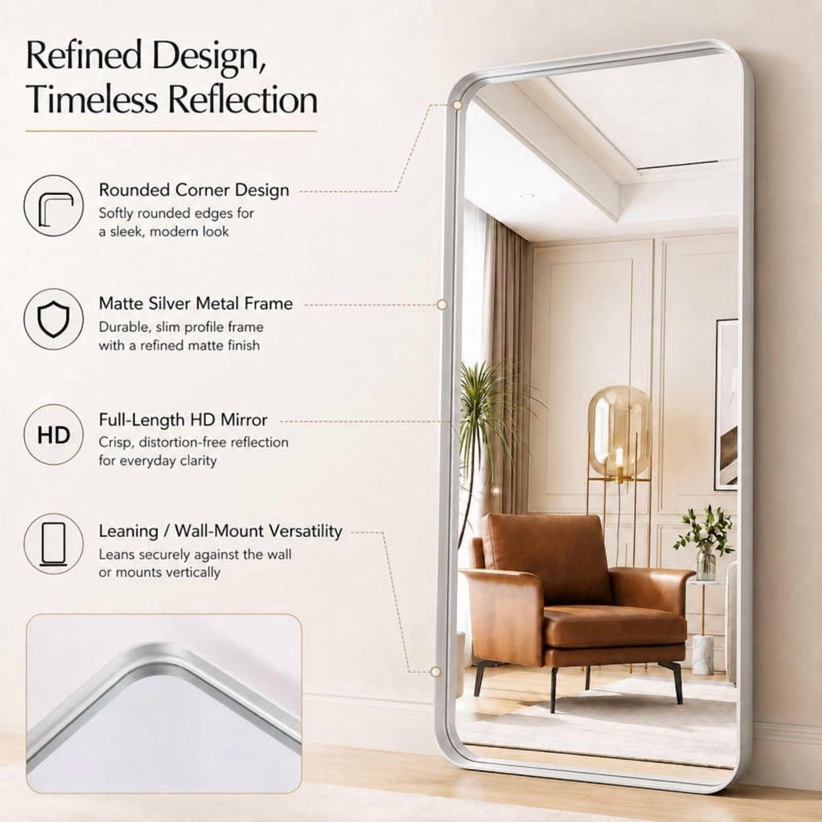 Easy4Home 64"x21"Deep Frame Rounded Rectangle Full Length Dressing Mirror Floor Standing Mirror Wall Mounted,Silver