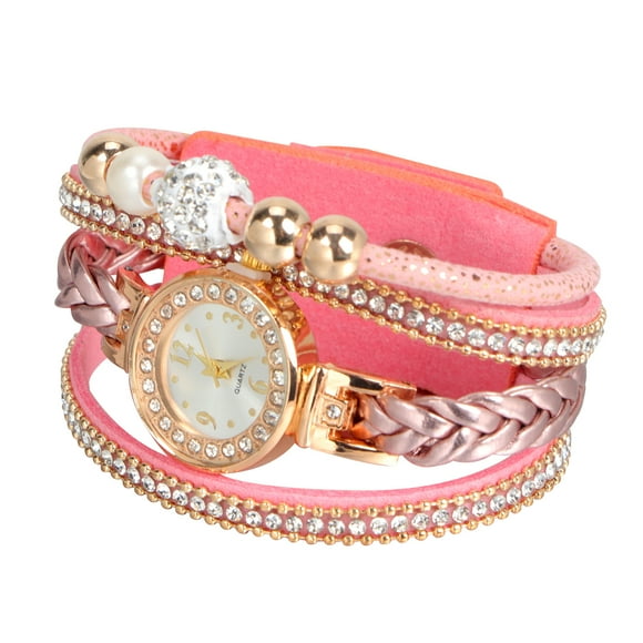 BRIGHTFUFU Reloj de mujer con diamantes de imitación Reloj de pulsera trenzado Reloj de cuarzo de moda Cadena de muñeca Rosa