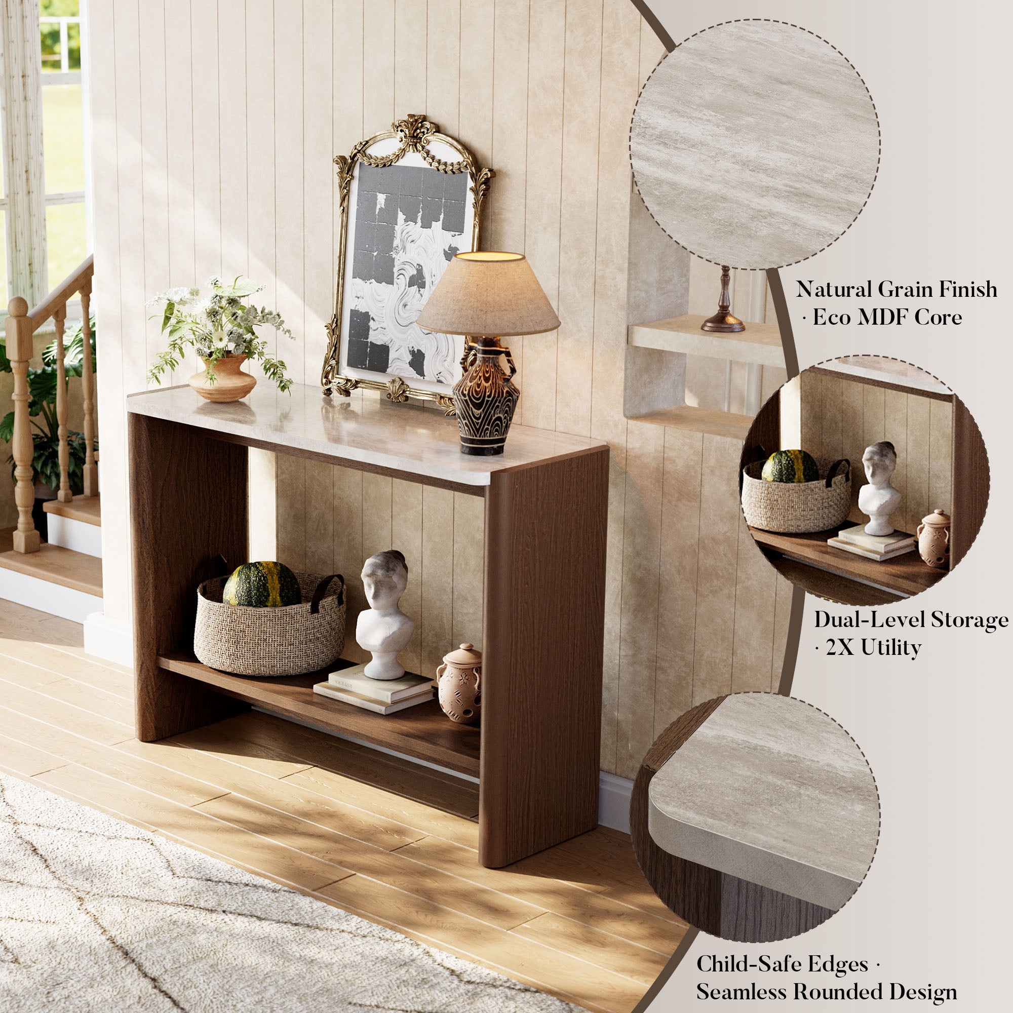 COSIEST Stone-Look Rectangle Console Table,Modern & Functional Home Sofa Table