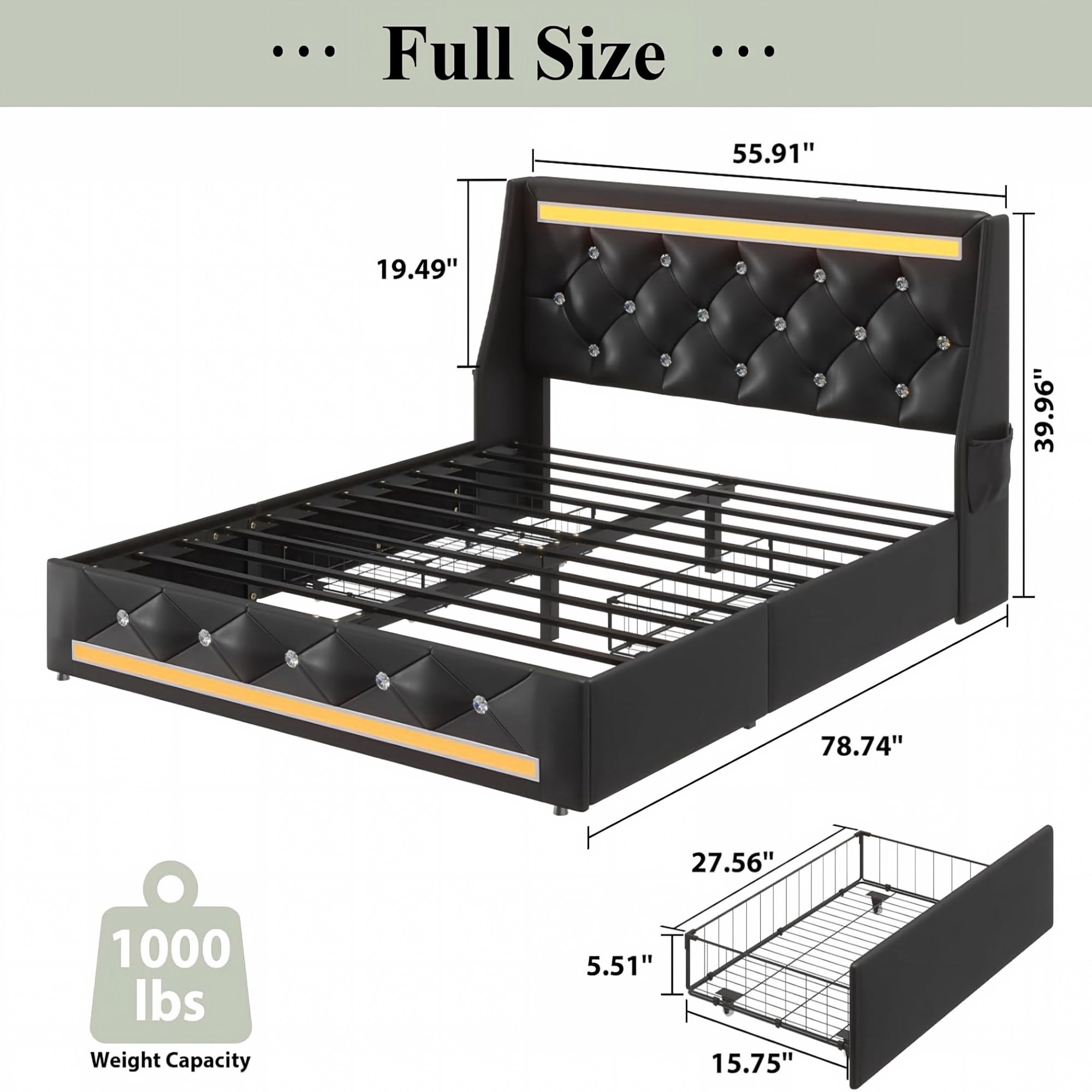 BSHTI Full Size Faux Leather Upholstered Bed Frame with LED Lights, Charging Station, 2 Storage Drawers and Side Pockets for Bedroom(Black)