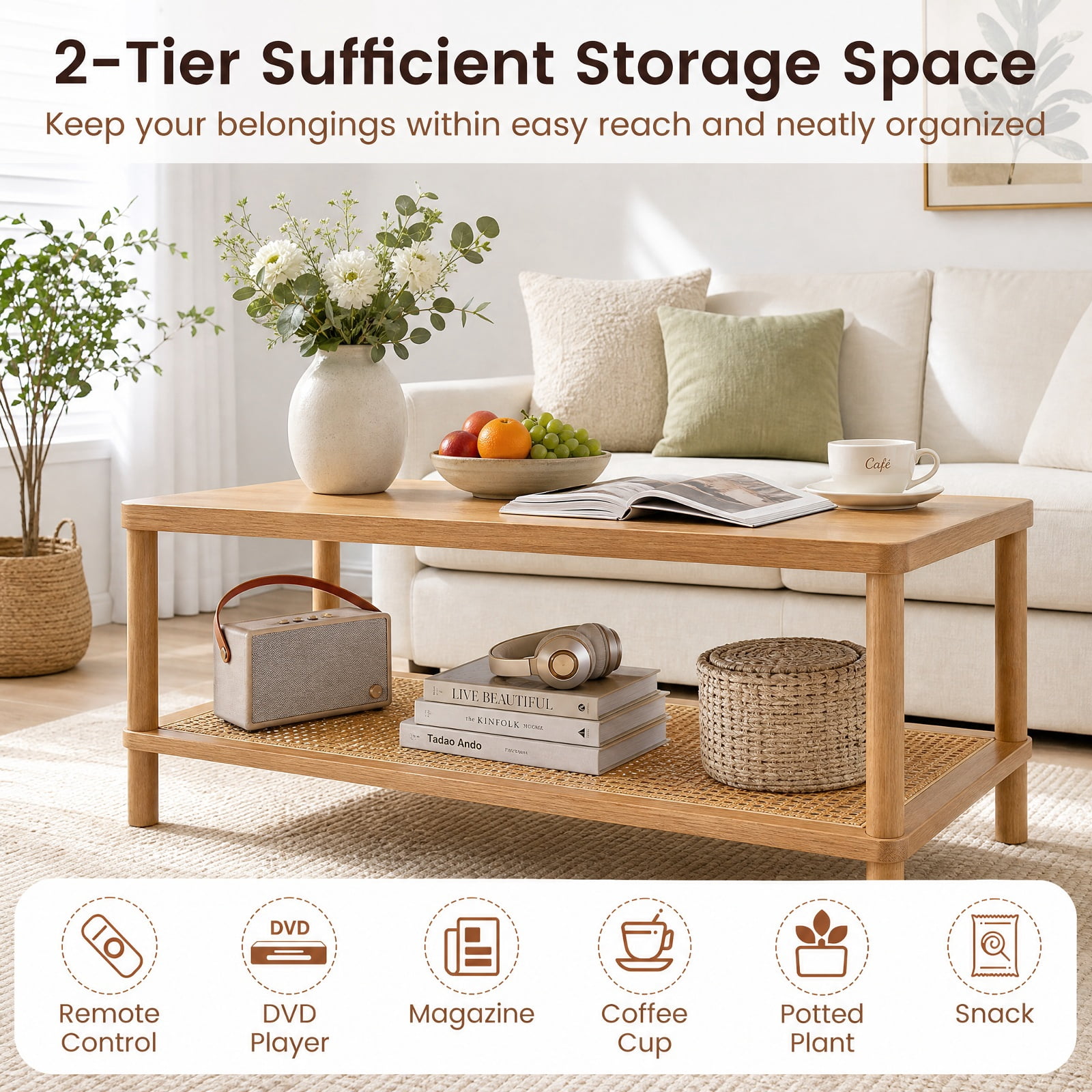 Furnibear 2 Tier Boho Rectangular Coffee Table with Rubber Wood Frame and Faux Rattan Open Storage Shelf for Living Room Home Office, Rustic Brown