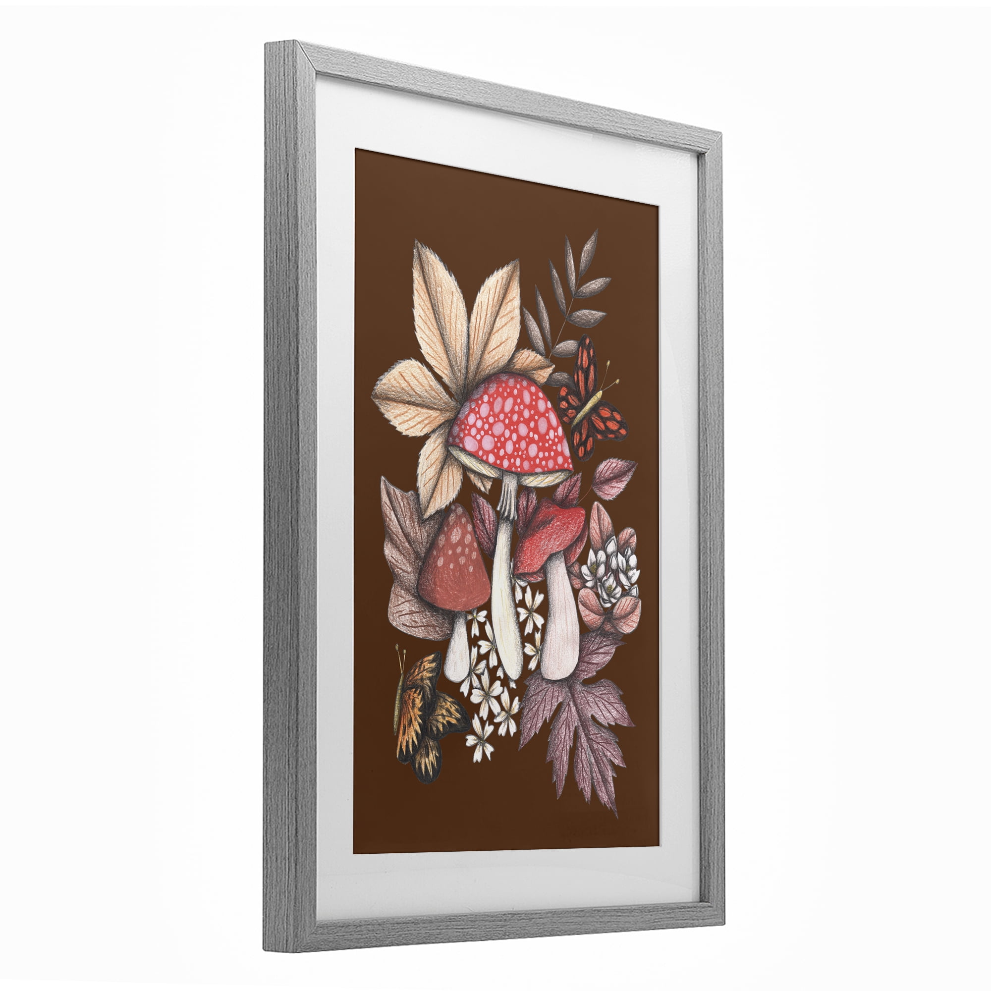 Autumnal Mushrooms Magic Gray Framed Print Under Glass, design by Cecilia Battaini