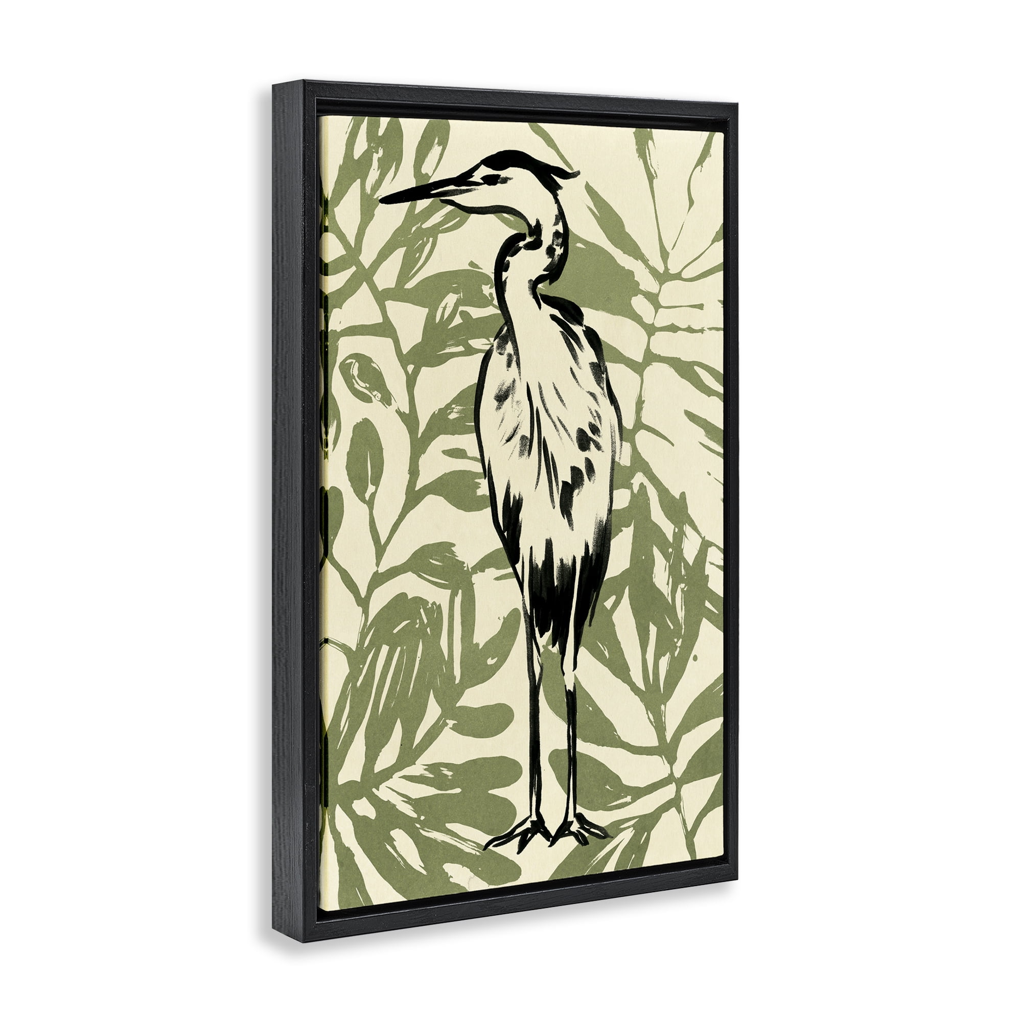 Stupell Industries Wild Heron & Leaves Animals & Insects Painting Black Floater Framed Canvas Art Print Wall Art, 21 x 31