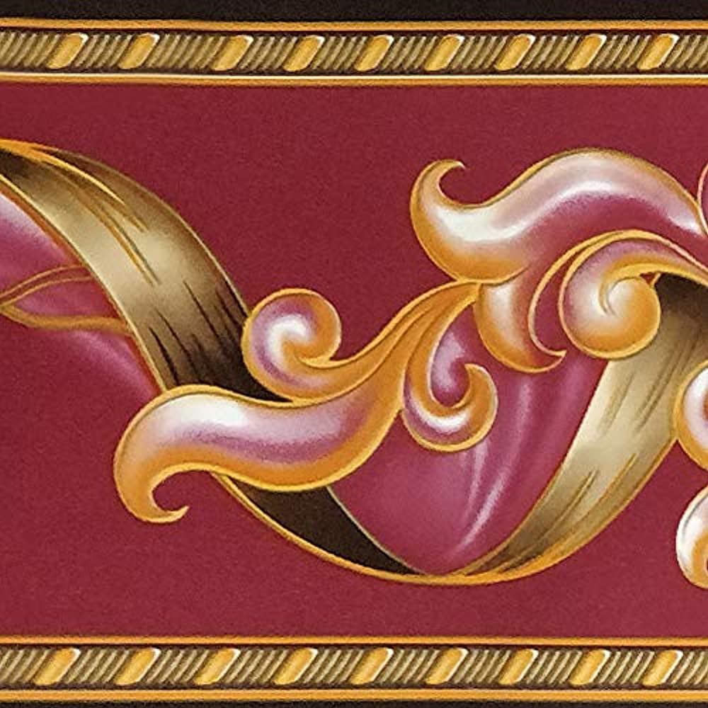 Dundee Deco BD3204 Peel and Stick Abstract Damask Scroll Magenta Burgundy Wallpaper Border Retro Design Roll 33 ft x 4 in 10m x 10cm Self Adhesive