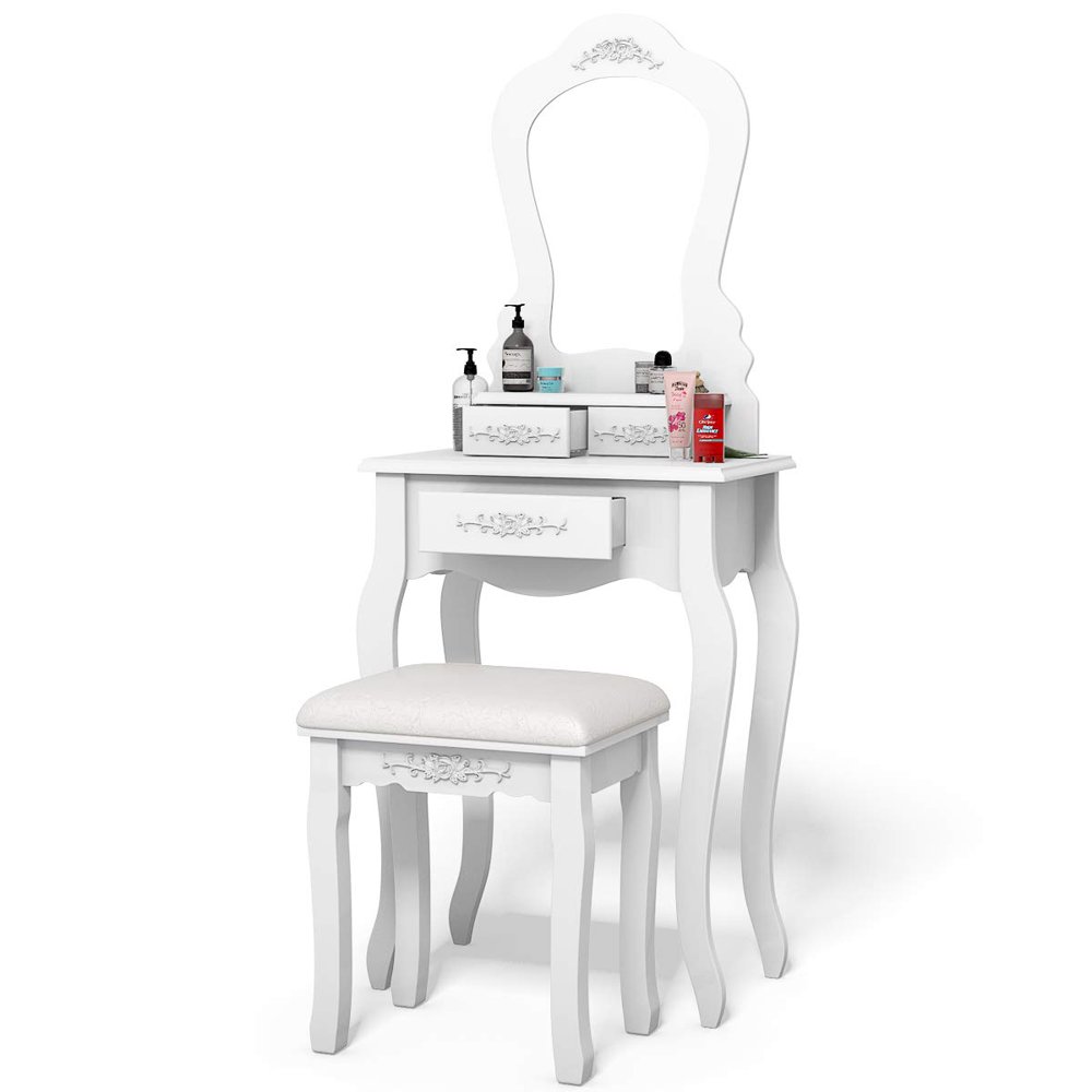 Ktaxon Vanity Wood Makeup Dressing Table Stool Set Bedroom with Mirror