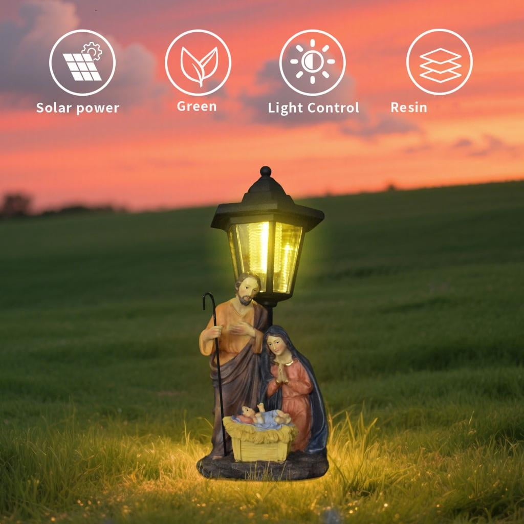 Outdoor Solar Light Religious Nativity Scene Resins Sculpture Christian Holy Family Display Garden Lawn Decoration