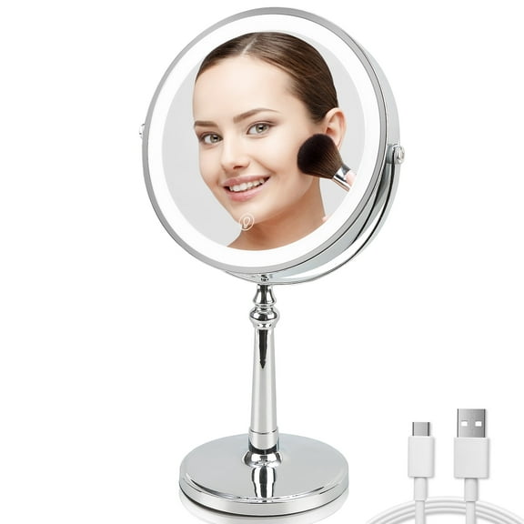 Lighted Makeup Mirror, 9" Rechargeable Double Sided Magnifying Mirror with 3 Colors, 1x/10x 360° Rotation Touch Screen Vanity Mirror, Brightness Adjustable Magnification Cosmetic Light up Mirror