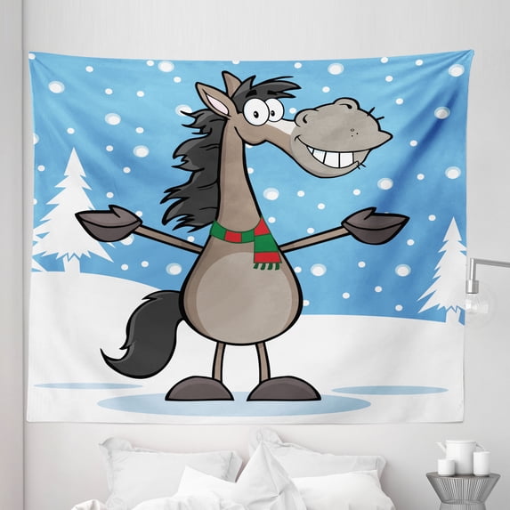 Smile Tapestry, Mascot Horse with a Snowy Winter Landscape Scene on the Background, Fabric Wall Hanging Decor for Bedroom Living Room Dorm, 5 Sizes, Deep Sky Blue Multicolor, by Ambesonne