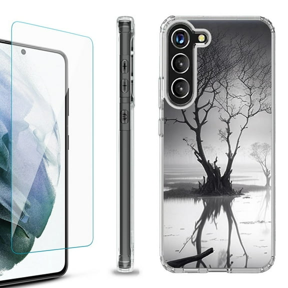 OneToughShield ® for Samsung Galaxy S23  S23 Plus 5G Shockproof Bumper Phone Case, with Tempered Glass Screen Protector - Tree BW