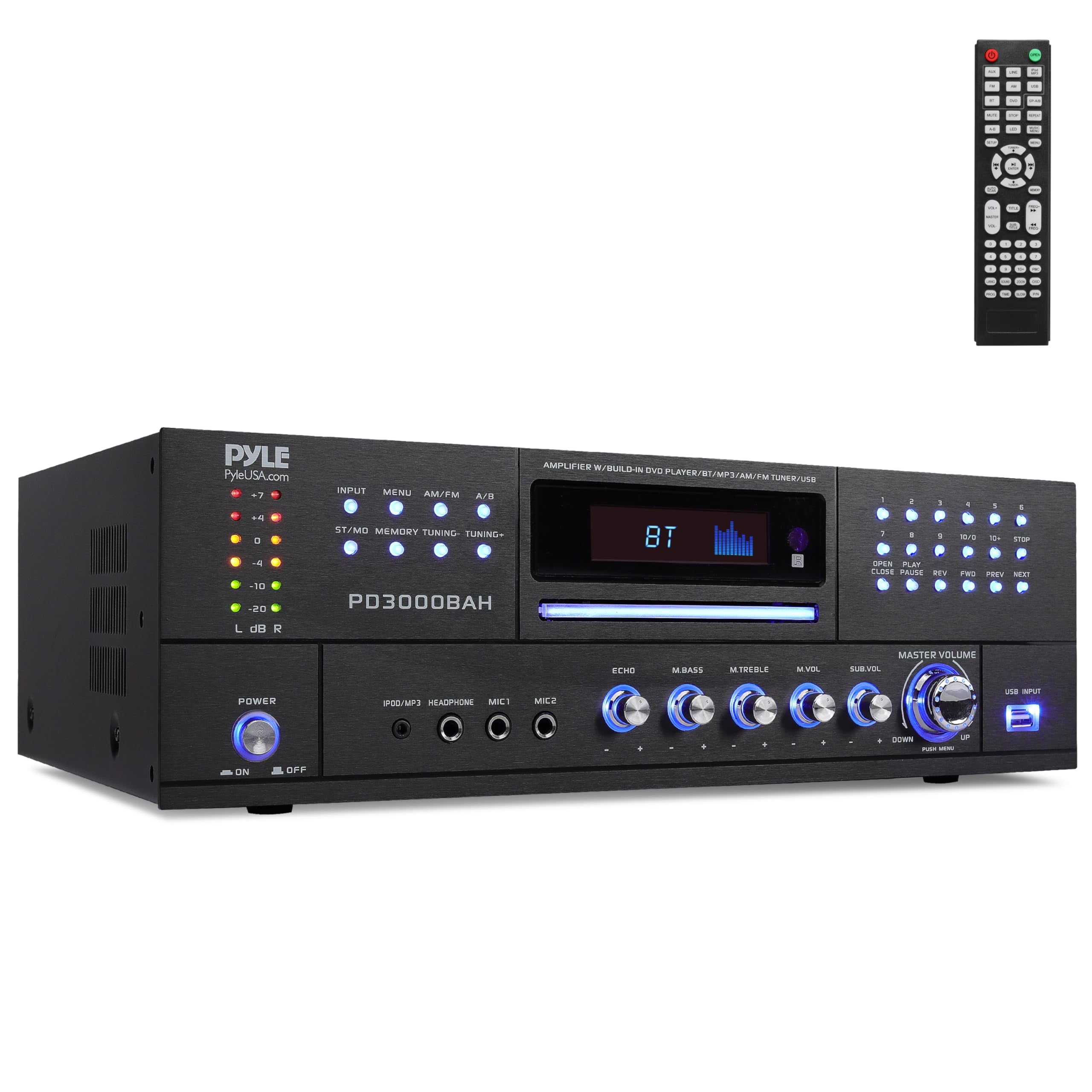 Pyle PD3000BAH 4-Channel 4000W  HDMI, USB, FM Radio, CD/DVD Bluetooth Home Audio Amplifier Receiver, 4x 4" 30W Max Power 3-Way Indoor/Outdoor Black Speakers W/Wire