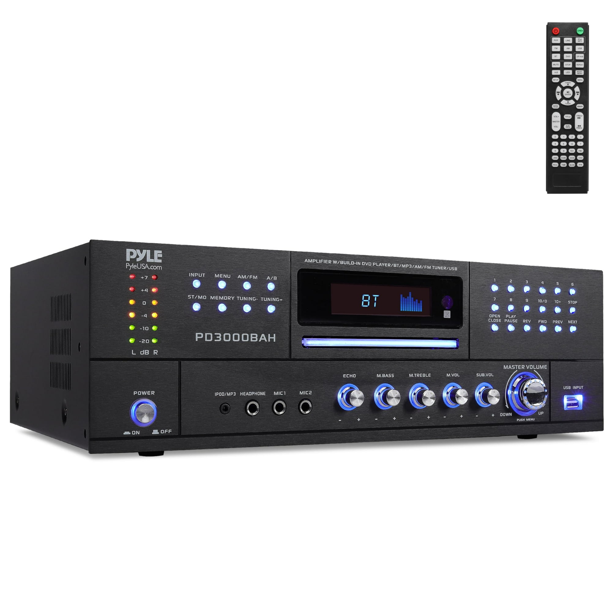 Pyle 4 Channel Wireless Bluetooth Amplifier - 4000 Watt Stereo Speaker Home Audio Receiver w/FM Radio, HDMI, USB, 2 Mic w/Echo for Karaoke, Front Loading CD DVD Player, Rack Mount - PD3000BAH
