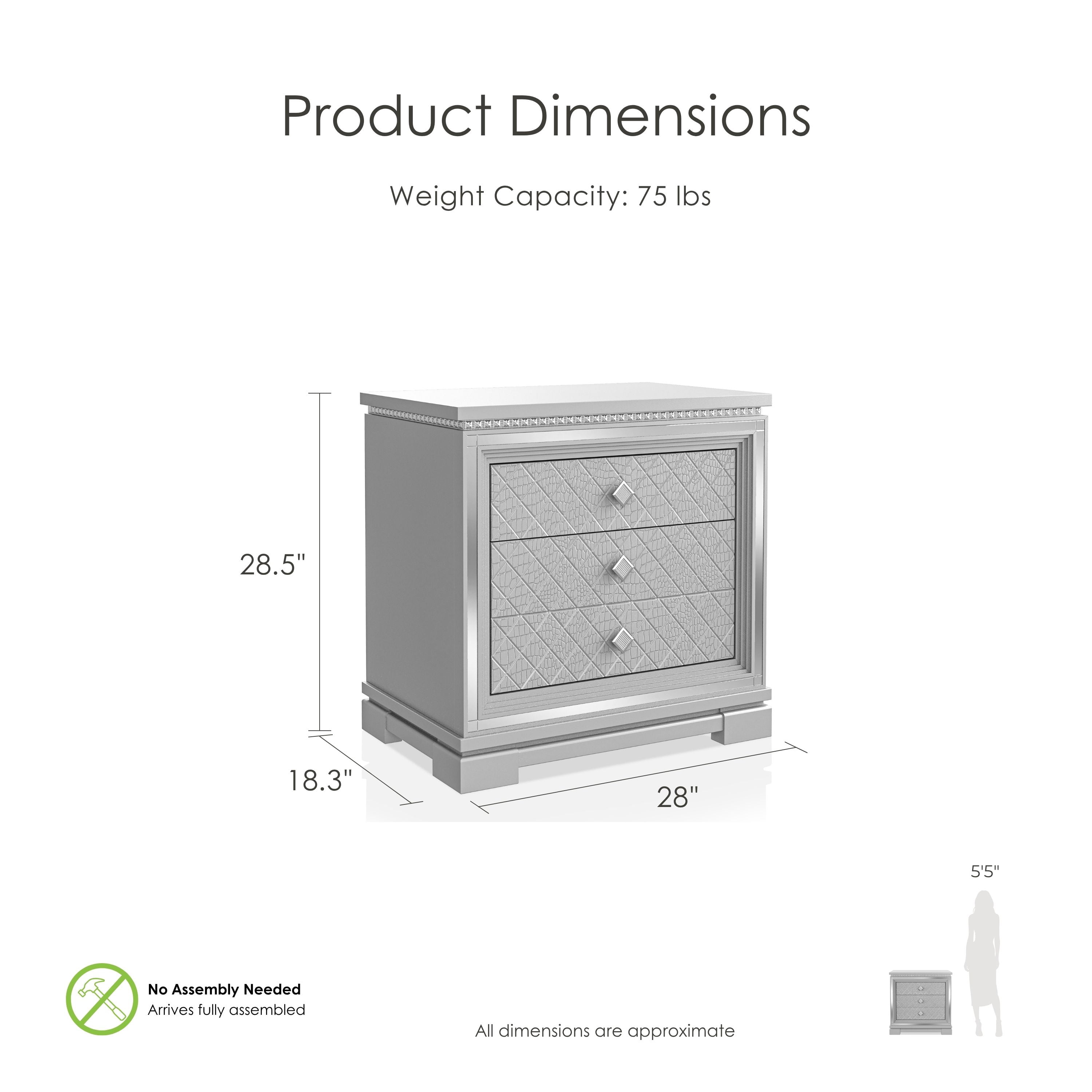Furniture of America Gelmore Adult Glam 2-Drawer Nightstand, Silver