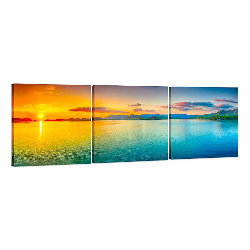 Split Canvas Wall Art Decor Large Panoramic Sunset Ocean 3 Panels Hanging Set Decorative Prints For Living Room Bedroom Office Home Gift 24x72 - Sunset Wall Art Set Of 3