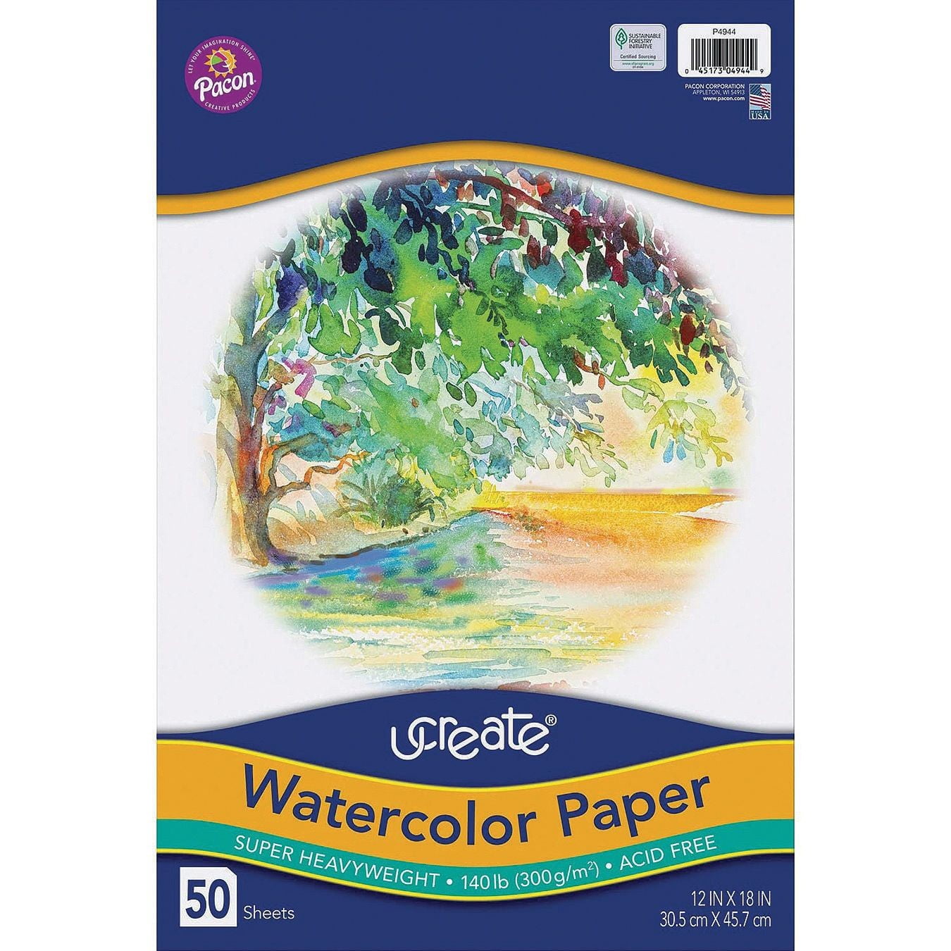 UCreate Watercolor Paper, White, 140 lb., 12" x 18", 50 Sheets