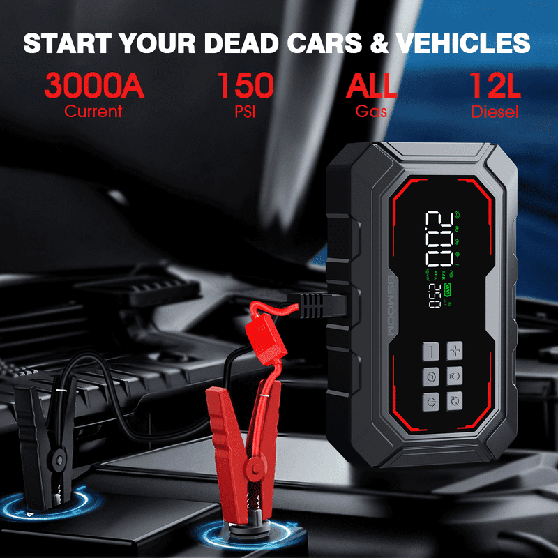 BSMOOM 3000A Car Jump Starter + 150PSI Air Compressor - 12V Portable Jump Box for All Gas/12L Diesel Engines (Smart Jumper Cables, LCD, 3-Mode LED)