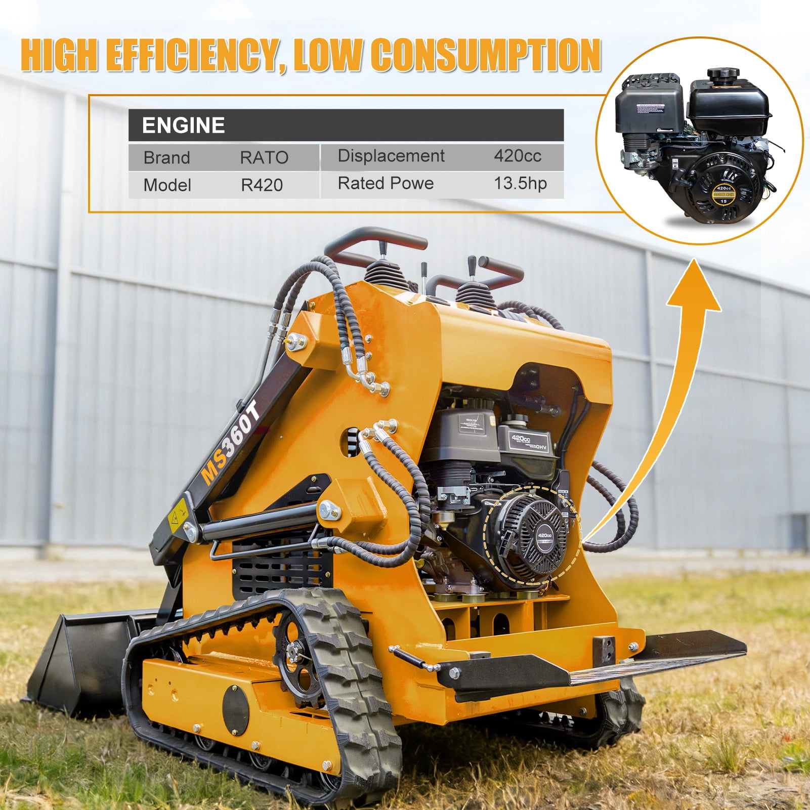 MMS New Mini Skid Steer Loader MS360T, 13.5HP 420cc RATO GAS Engine Stand-on Crawler Loader,  Foldable Pedals Track Loader