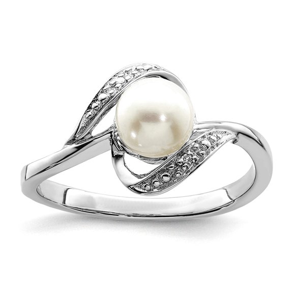 925 Sterling Silver Polished Rhodium Plated Diamond and Freshwater Cultured Pearl Ring Size 6 2mm Wide Ring for Women