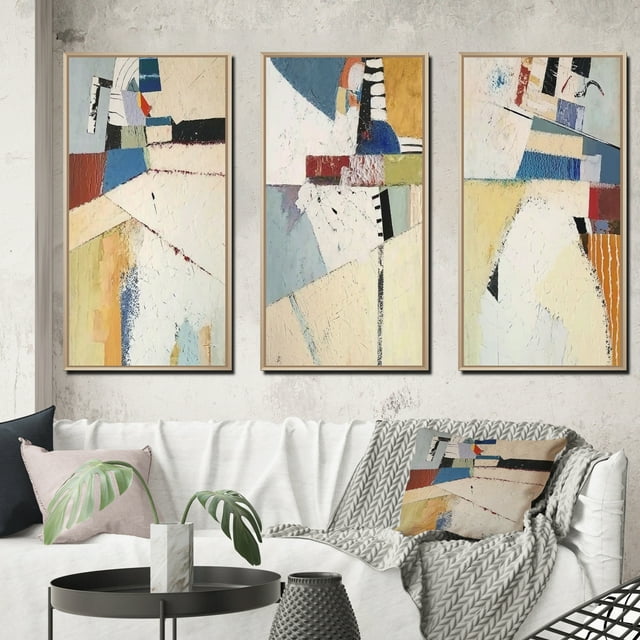 Designart « Collage Rétro Souvenirs Réapparition I » Peinture Abstraite Ensemble d'Art Mural Encadré de 3 - Ensemble de Toiles à Cadre Moderne Bleu pour Déco de Salon