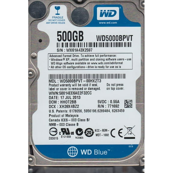 WD5000BPVT-00HXZT3, DCM HHOT2BB, Western Digital 500GB SATA 2.5 Hard Drive