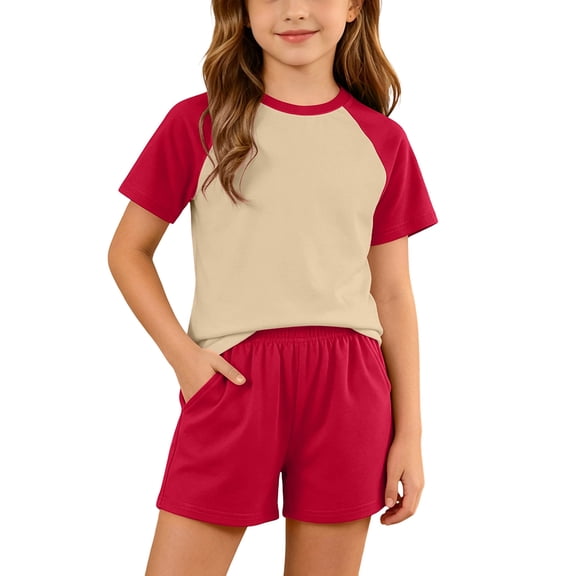 Diufon Kids Girls 2 Piece Color Block Sets Short Sleeve Shorts Outfits Outdoor Sport Loungewear with Pockets