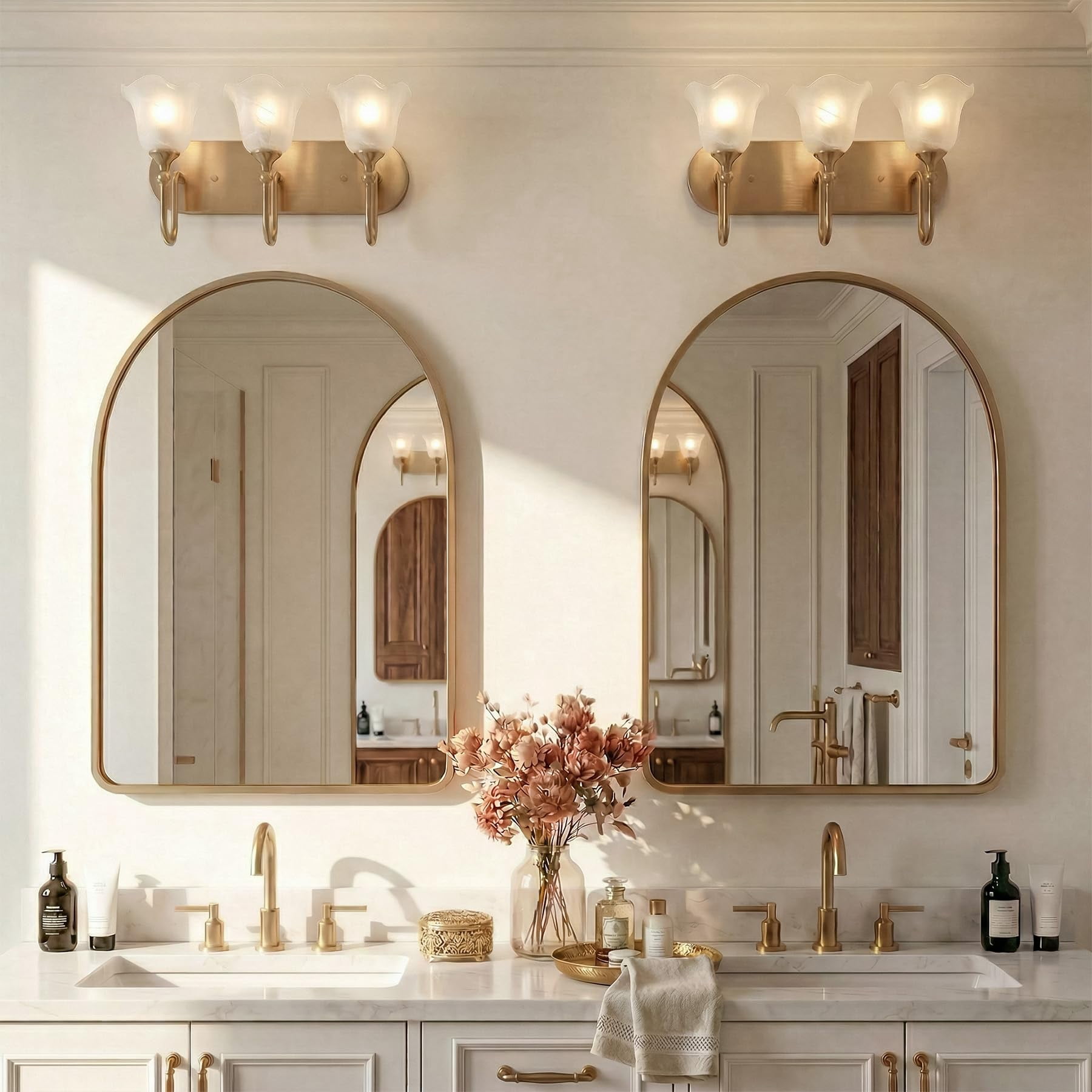 Fnova 3-Light Gold Bathroom Light Fixtures, Modern Wall Lights with Petal-shaped Glass Shades, Wall Sconce Lamp for Mirror Bedroom (E12 Base)