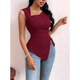 thumbnail image 4 of Womens Asymmetric Neck Slim Fit Cropped Solid Color Tshirt Elegant Basic Top Casual Chic Tee Chestnut Red M, 4 of 9