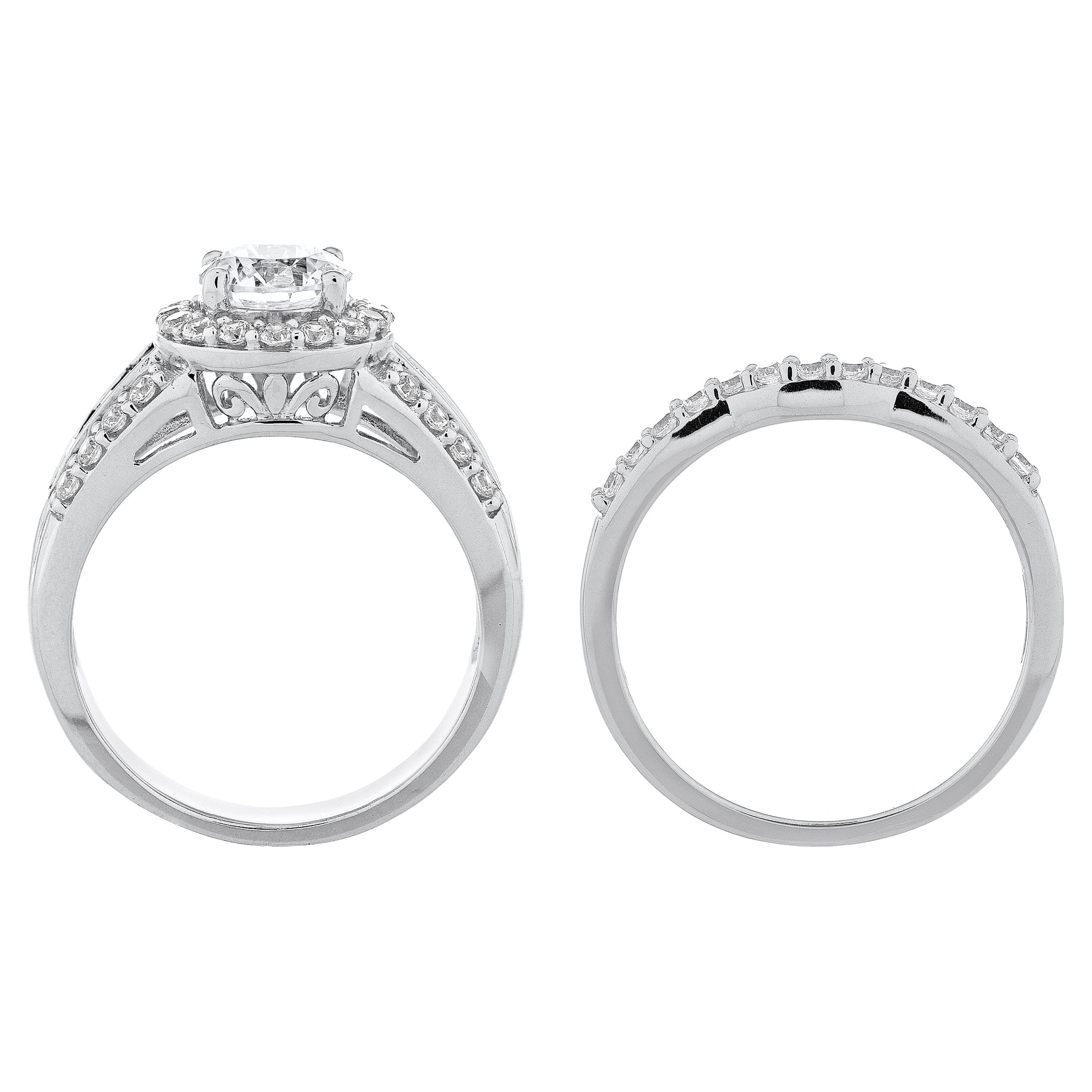 Brilliance 925 Sterling Silver Simulated White Diamond with Created Sapphire accent Bridal Engagement Ring Set