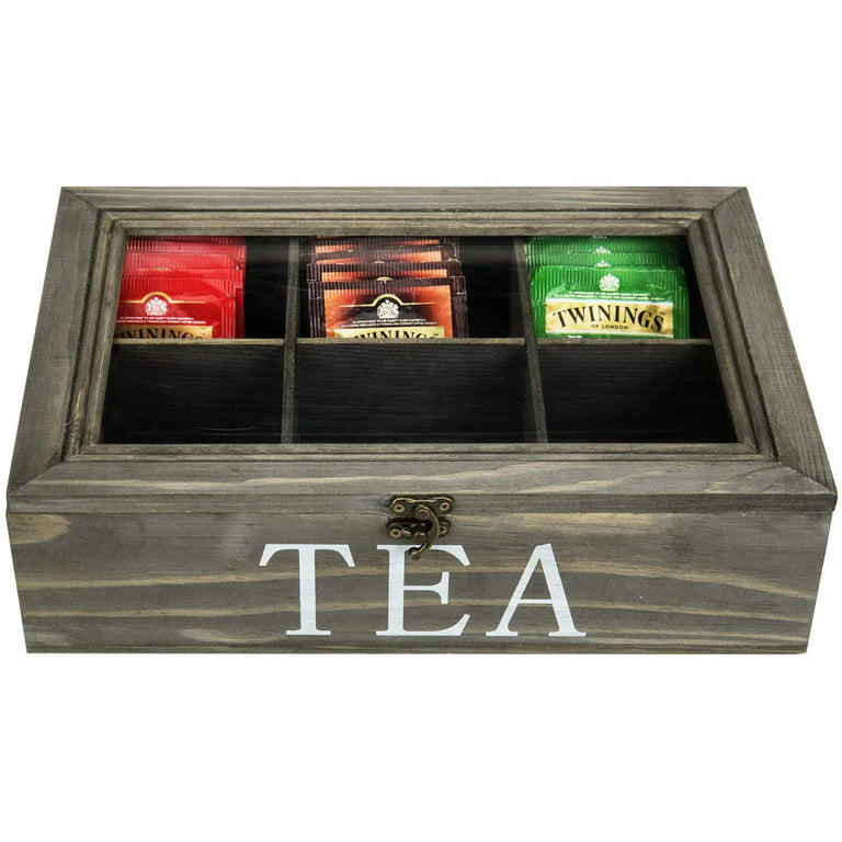 Gray Wood Tea Bag Storage Box with Clear Lid & Brass Metal Accent Wrap –  MyGift