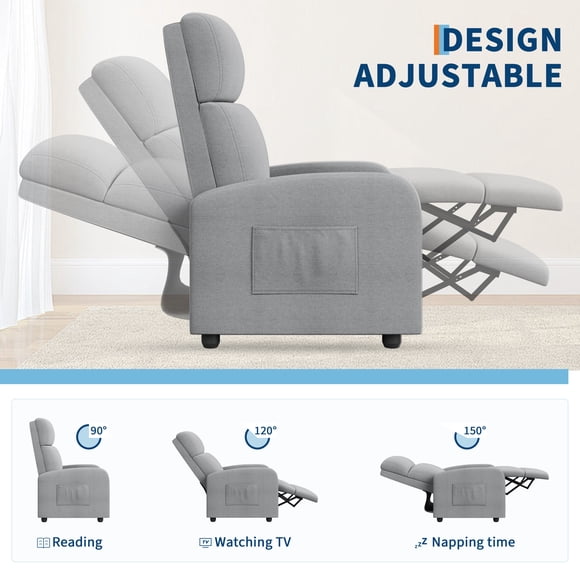 Recliner Chair for Adults, Small Lazy Recliner Ergonomic Adjustable Single Sofa Enhanced with Side Pocket, Tall Back, Wide Arms & Padded Seat