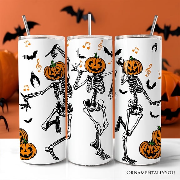 Dancing Skeletons with Pumpkin Head 20oz Personalized Tumbler With Lid and Stainless Steel Straw, Funny Dry Bones Come Alive Halloween Gift Cup