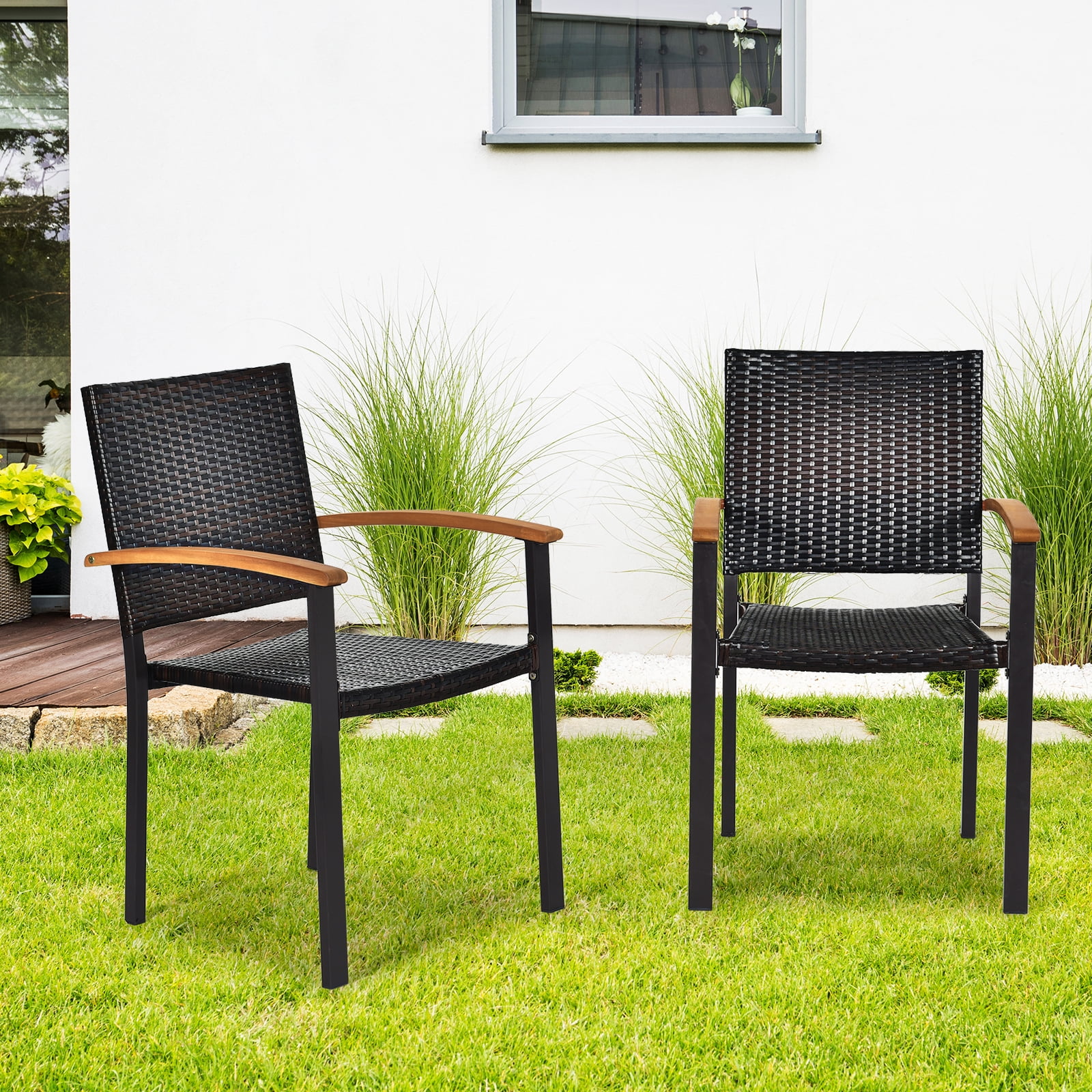Patiojoy Patio Rattan Dining Armchair 4 Set of Wicker Chair W/Steel Frame Acacia Armrests Indoor&Outdoor