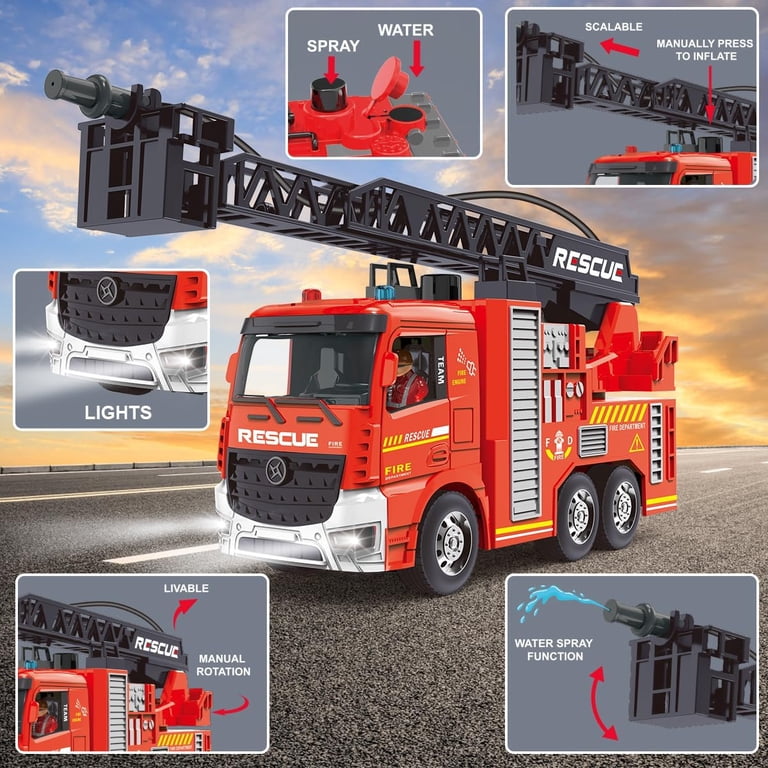 Mostop RC Fire Truck Toy, 2-in-1 Remote Control Rescue Fire Engine