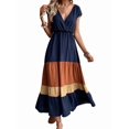 thumbnail image 3 of Women Party Color Block Dress High Waist Short Sleeve Maxi V Neck Dress Casual Ruched Ruffle Hem Dress Style 1 M, 3 of 8