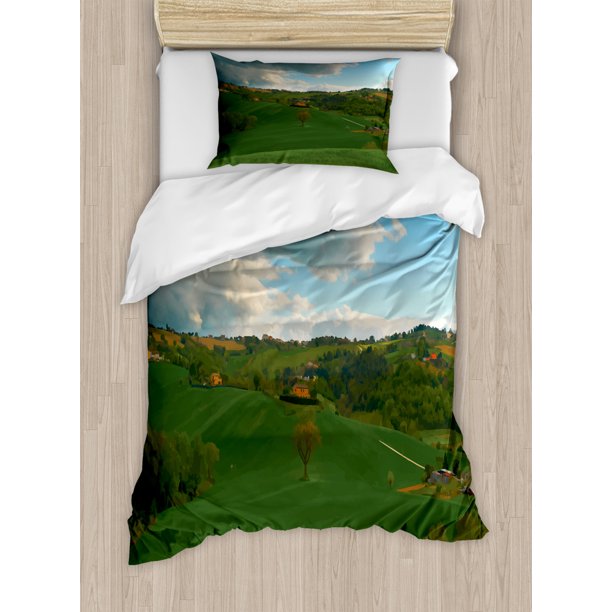 Golf Course Scene Duvet Cover Set Twin Size, Rural Landscape Field of