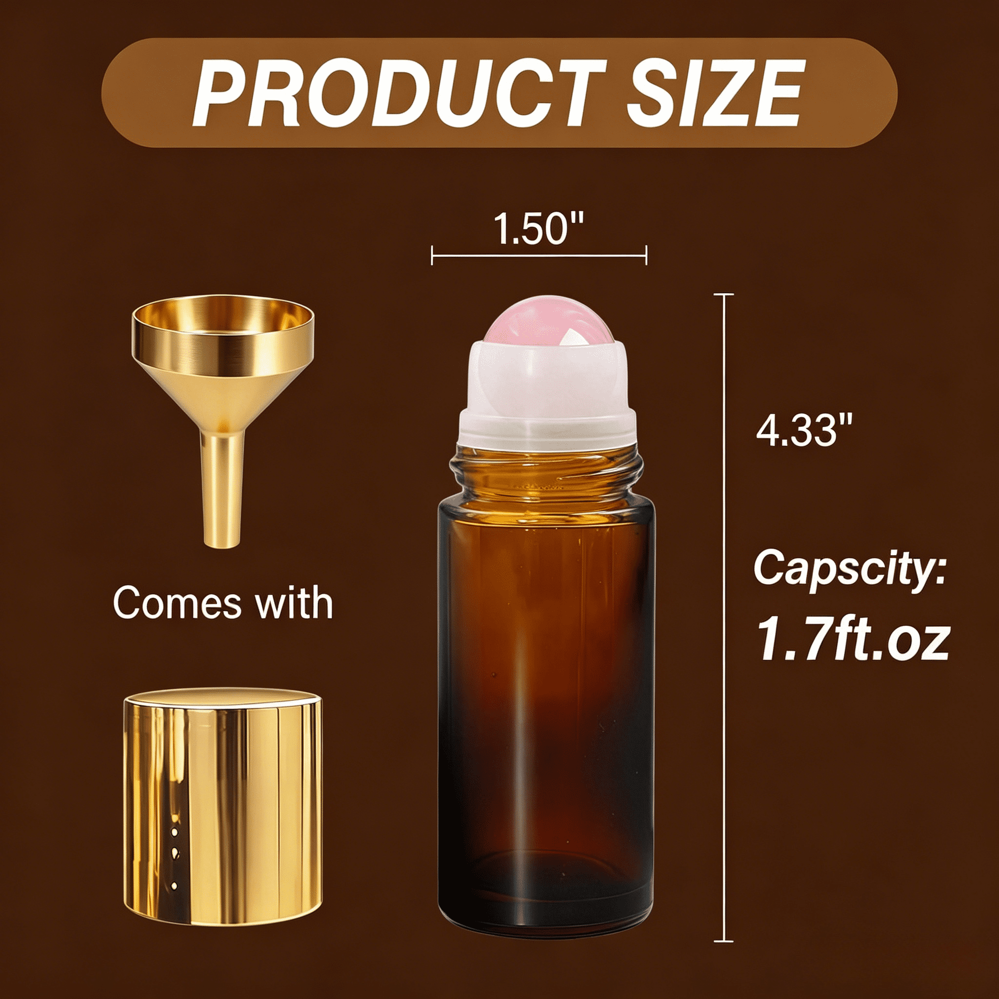 3 Pack Amber Glass Essential Oil Roller Bottles – 50ml Rose Quartz Roll On Bottles with Crystal Roller Balls, Leak-Proof Refillable Perfume Containers with Gold Caps for DIY & Travel