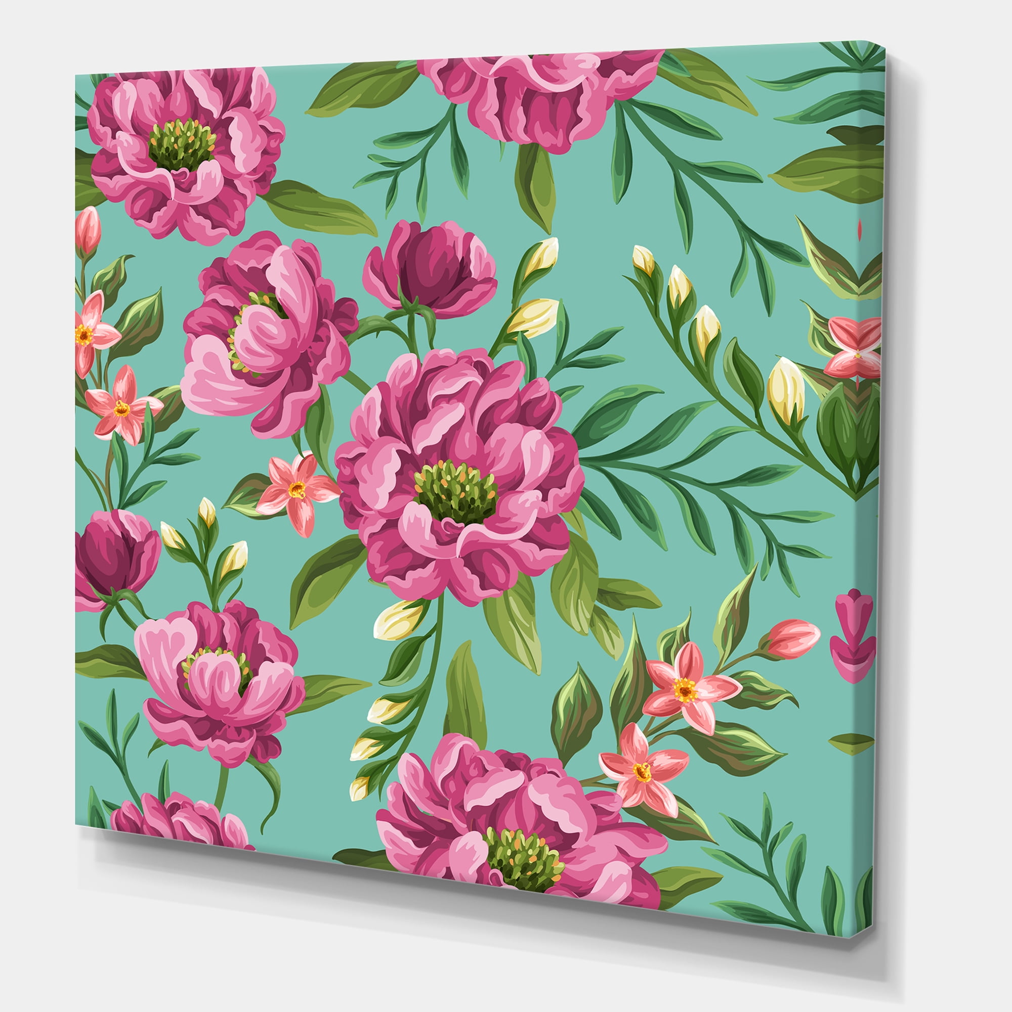 Designart ' Fuchia Pink Flowers On Green VIntage ' Traditional Canvas Wall Art Print