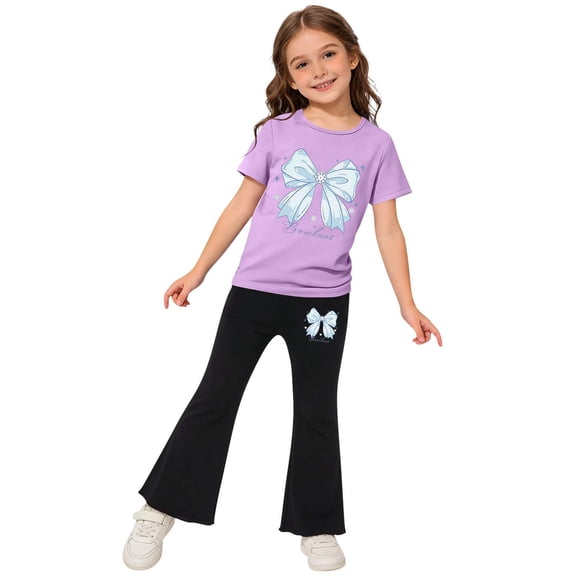 ZOYOEN Toddler Girls Outfits Set- Comfortable Soft Cute Shorts Sleeve T Shirts and Flare Pants Baby Summer Clothes Purple Size 5 T