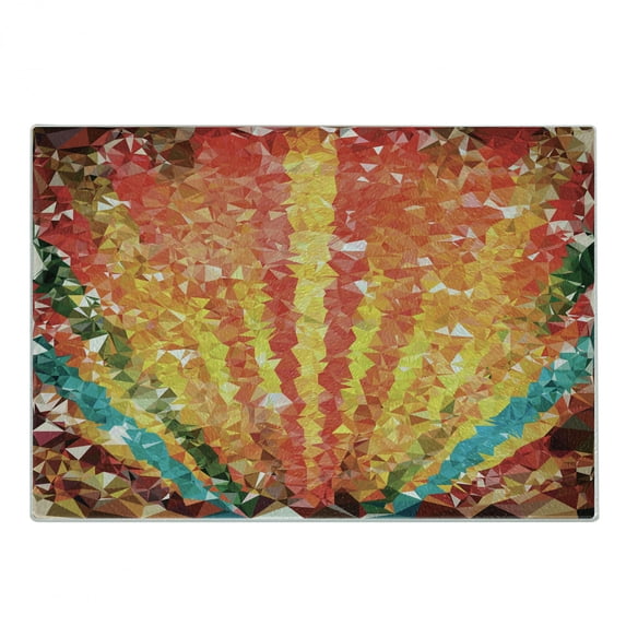 Diamond Cutting Board, Pop Art Diamond Sun Rays Beams Shady Stripes Nature Rainbow Design Groovy Graphic, Decorative Tempered Glass Cutting and Serving Board, Small Size, Orange Red, by Ambesonne