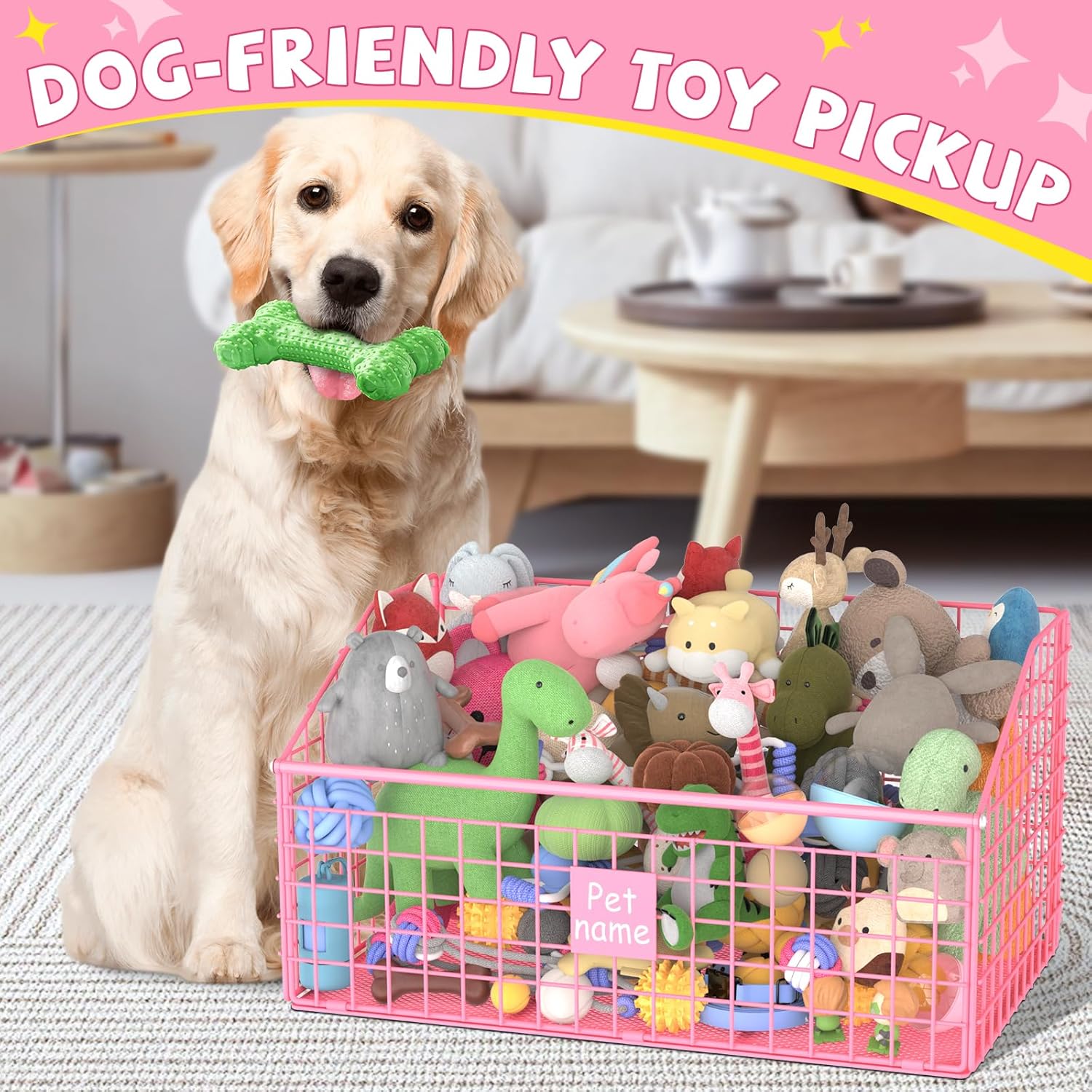 Indestructible Dog Toy Basket Large Metal Storage Bin for Toys Food Pink