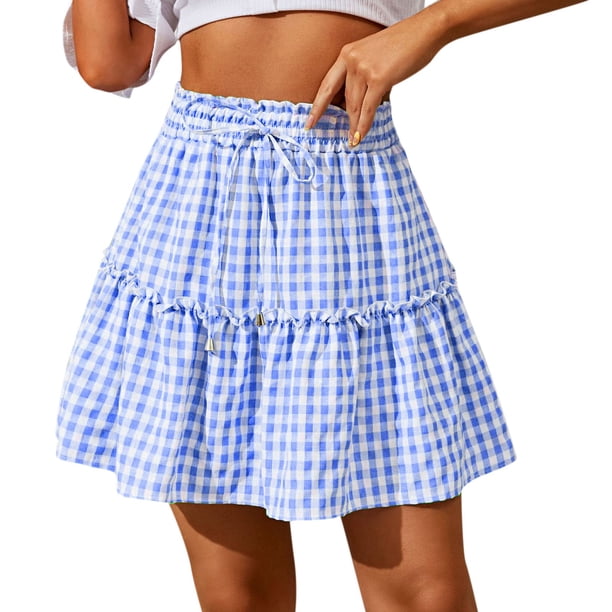 Gibobby faldas de lentejuelas para mujer 2023 falda drapeada con estampado a cuadros para mujer, Falda corta a cuadros Retro elástica de cintura alta(Azul, L)
