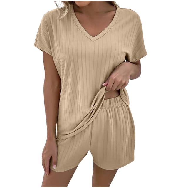 Birdeem Womens Summer Short Sleeve V-Neck Tops Shorts Comfortable Homewear Two-Piece Set