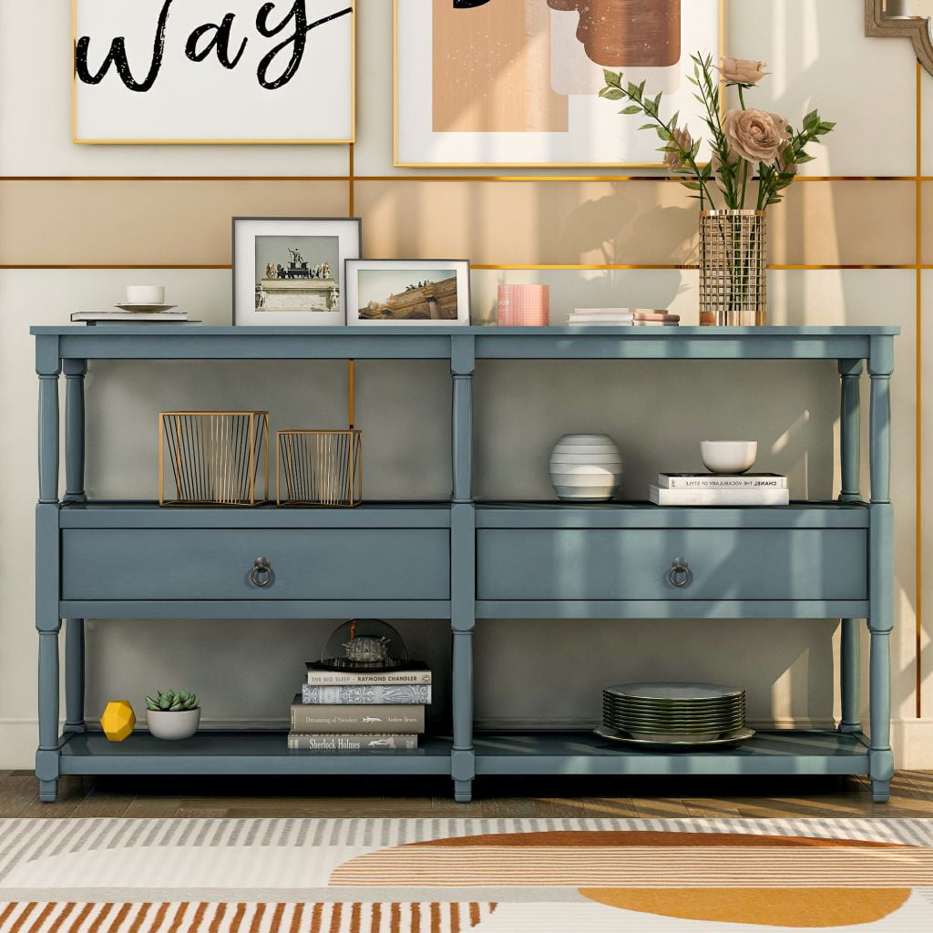 Retro Console Table with 3Tier Open Storage Shelf and Two Drawers for