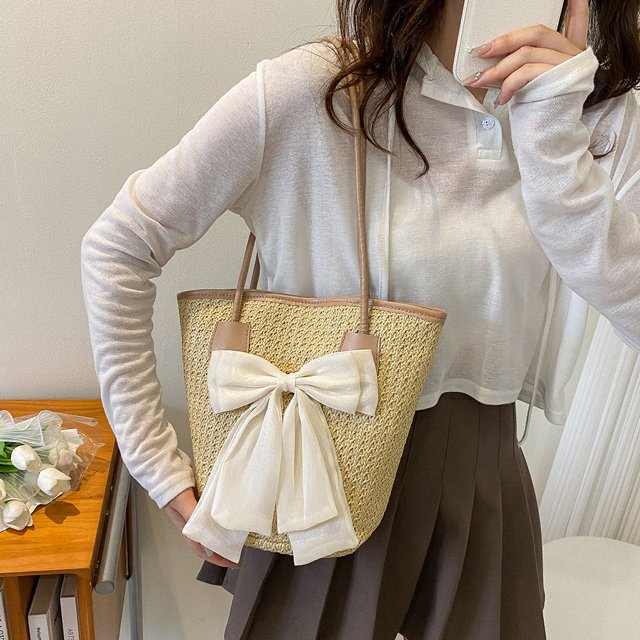 Bolso tejido de paja para mujer, bolso de mano con lazo para la playa, color caqui