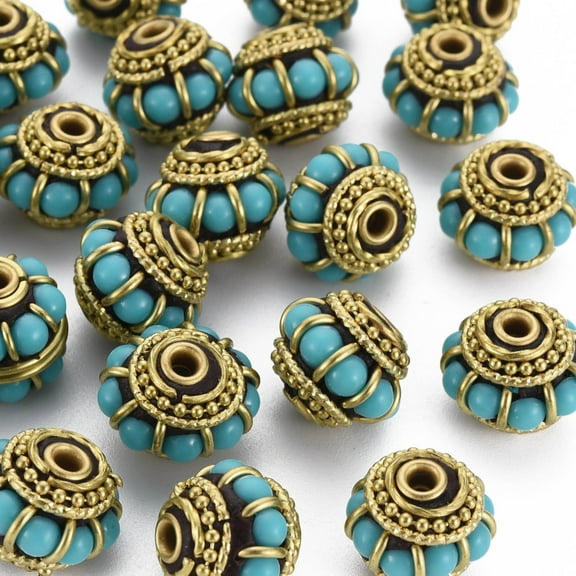 Handmade Indonesia Beads with Brass Findings Nickel Free Rondelle with Circle Raw(Unplated) Medium Turquoise 13x10mm Hole: 2mm Polymer Clay