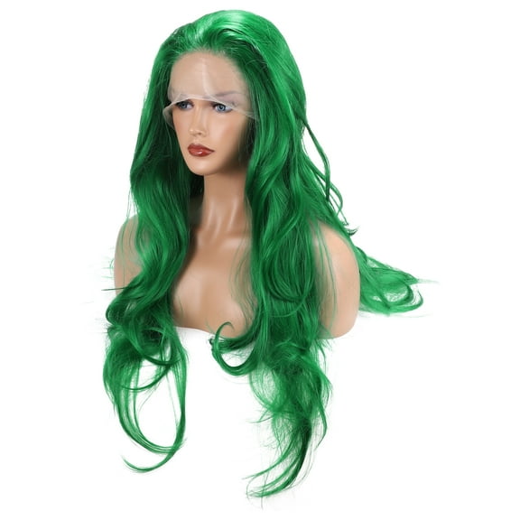 Unique Bargains Lace Front Wigs For Women 29" Green Long Body Wave with Wig Cap